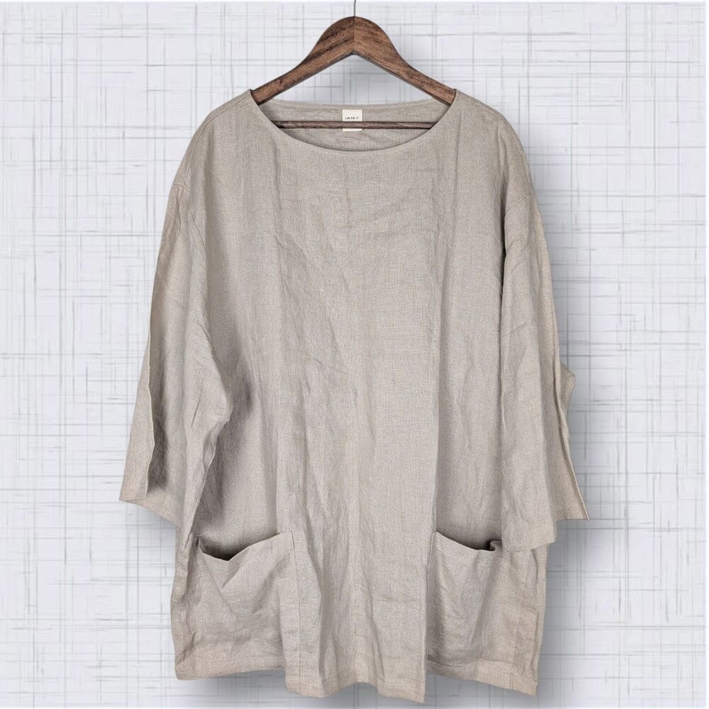 Lintico Tan Beige 100% Linen Oversized Tunic Blouse Top with Pockets - XL